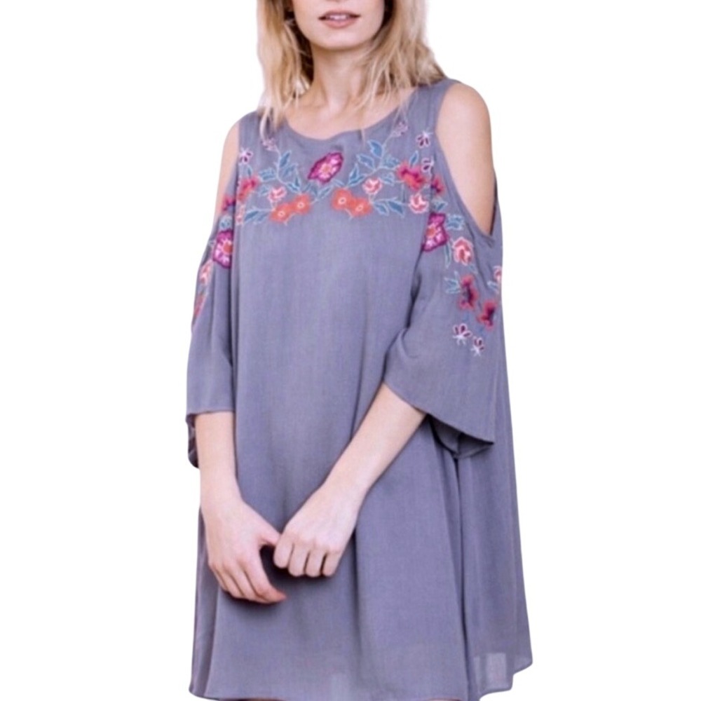 Umgee Floral Embroidered Cold Shoulder Mini Dress Women's Small Purple Boho‎